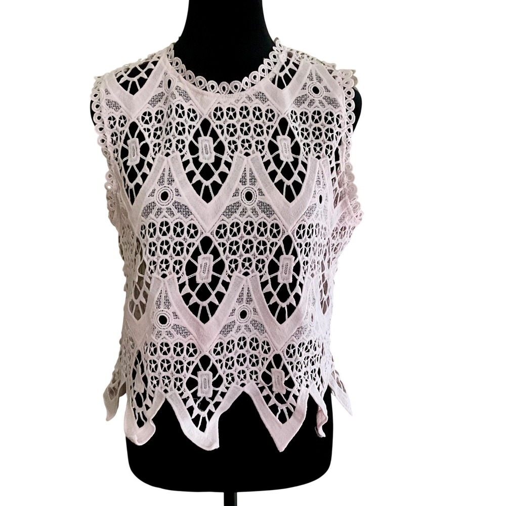 Love J Pink Geometric Lace Sleeveless Crop Top High Neck Boho Scalloped Hem